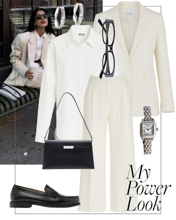 stylizacja do biura garnitur damski biala koszula mokasyny power dressing