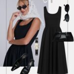 elegancka-stylizacja-czarna-sukienka-chusta-na-glowie-styl-retro