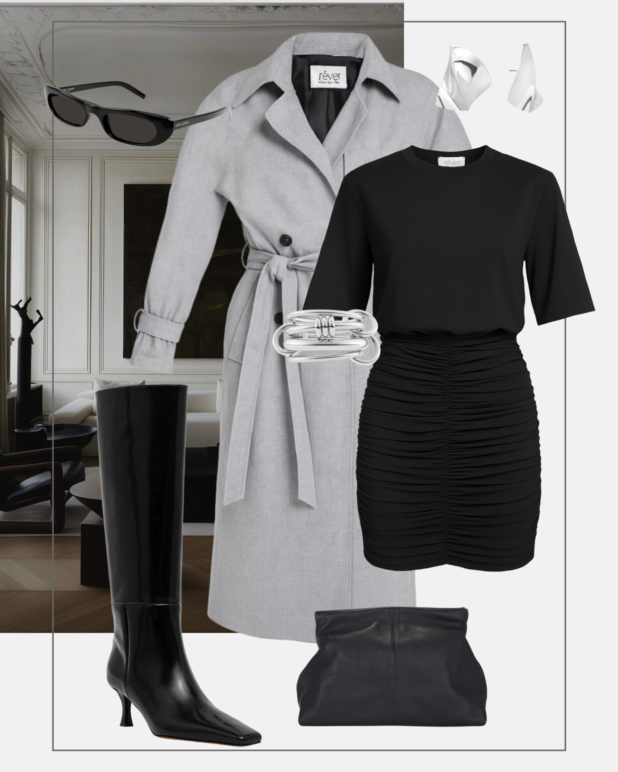 modowe-inspiracje-stylizacja-z-trenczem-czarna-sukienka-kozaki