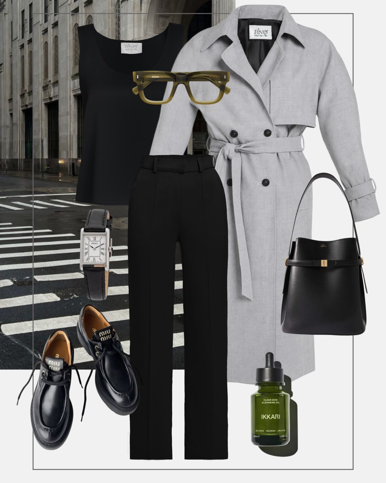 szary-trencz-stylizacja-do-pracy-czarne-spodnie-w-kant-mokasyny-klasyka-w-modzie