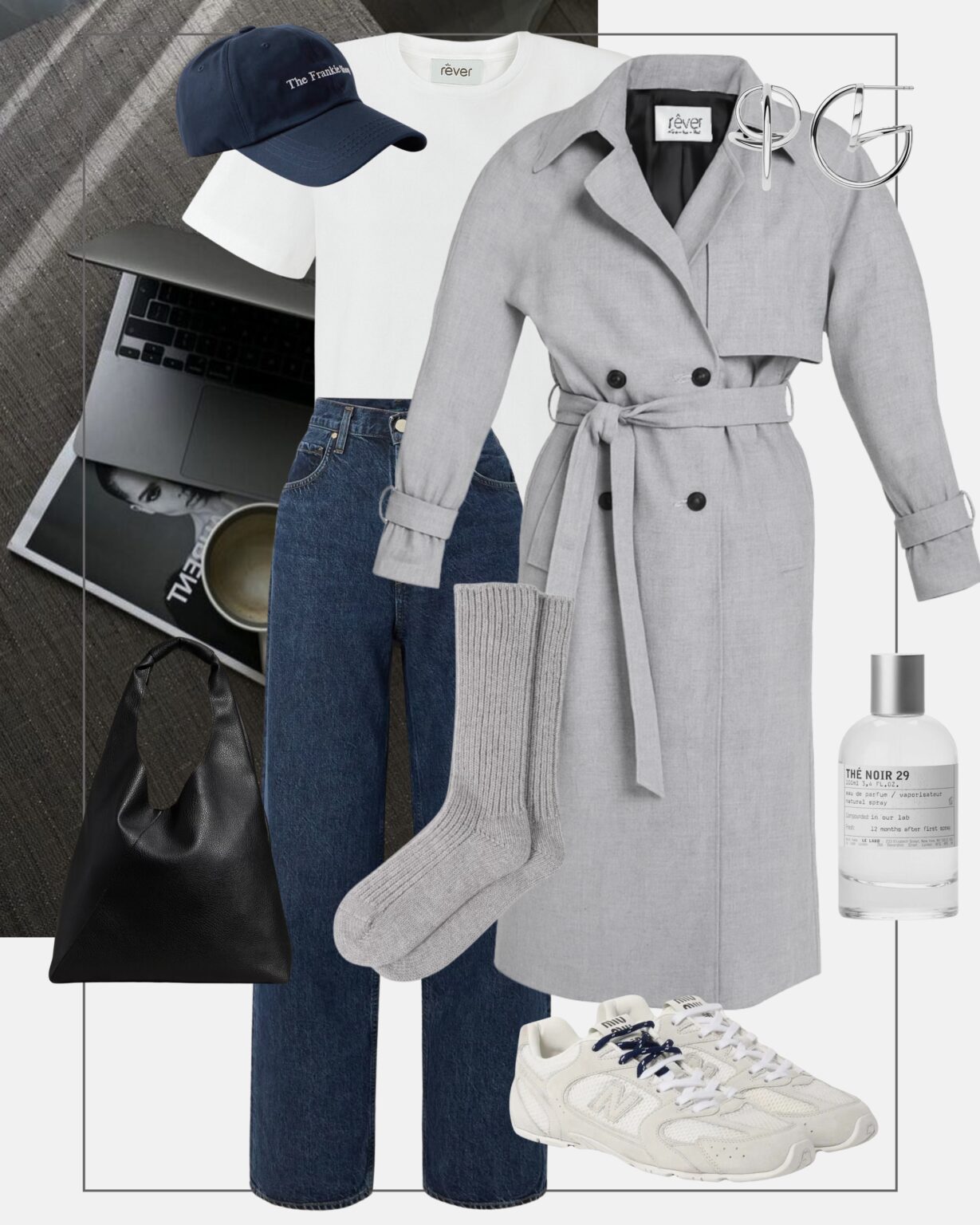 szary-trencz-stylizacja-na-co-dzien-street-style-nike-new-balance-miumiu-dzinsy-tshirt-czapeczka