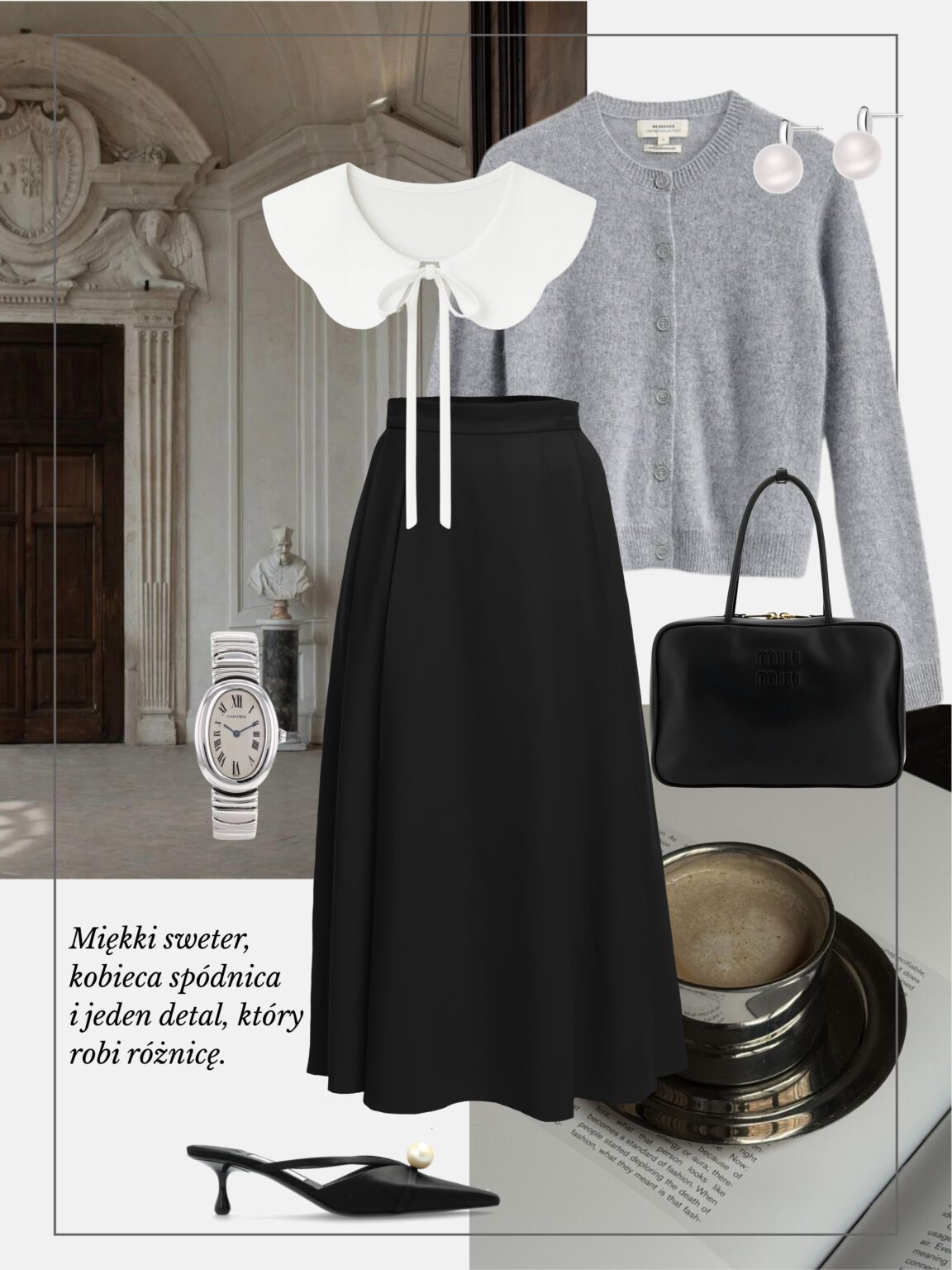 elegancka-stylizacja-spodnica-midi-szary-kardigan-bialy-kolnierzyk