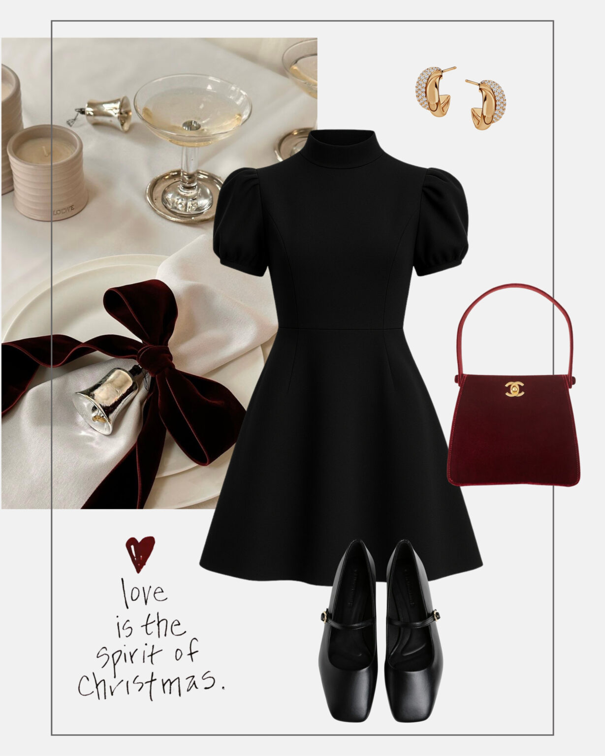 stylizacja-swiateczna-czarna-mini-sukienka-baletki-czerwona-aksamitna-torebka