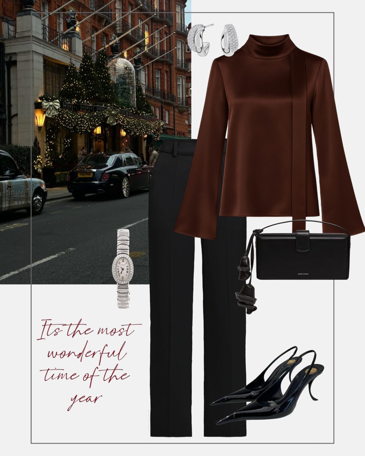 swiateczna-stylizacja-na-wigilie-czarne-spodnie-elegancka-brazowa-bluzka-wigilia-firmowa