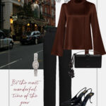 swiateczna-stylizacja-na-wigilie-czarne-spodnie-elegancka-brazowa-bluzka-wigilia-firmowa