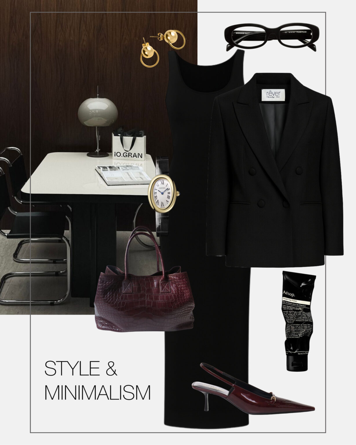 stylizacja-do-pracy-biznesowa-czarna-sukienka-czarna-marynarka-bordowe-dodatki