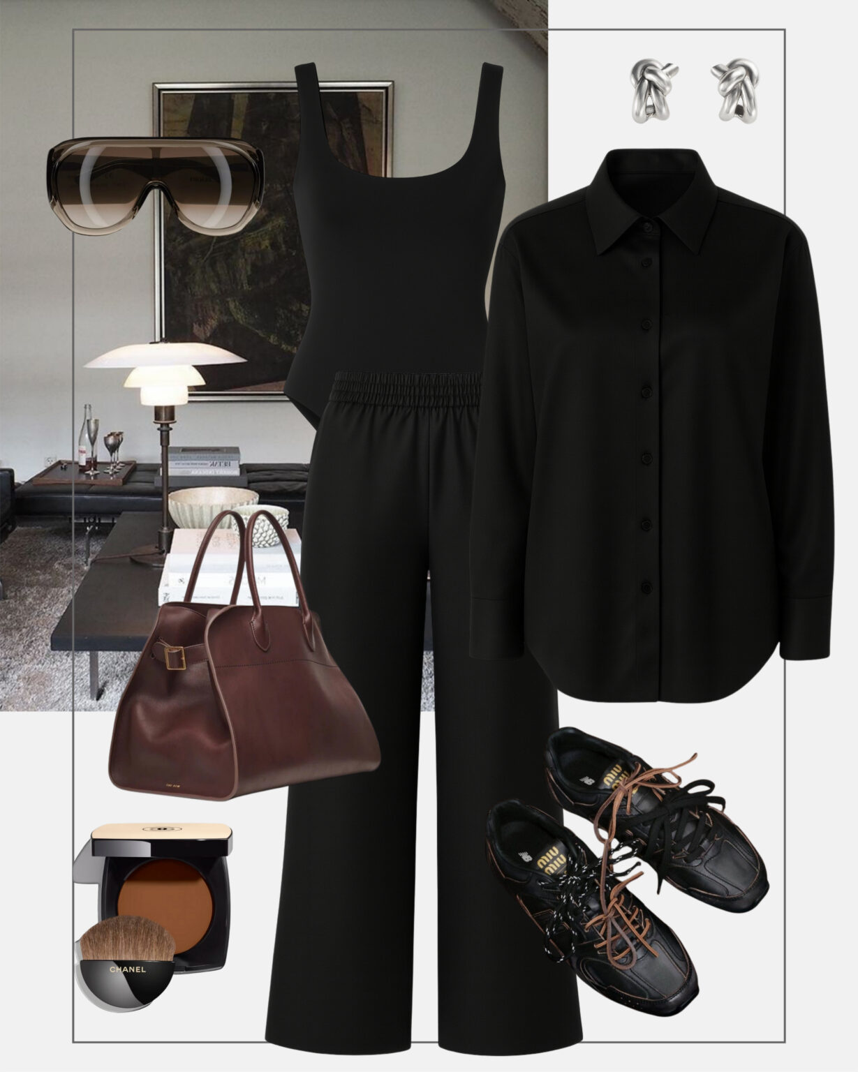 stylizacja-na-co-dzien-czarna-koszula-czarne-luzne-spodnie-sportowe-buty-miumiu-new-balance