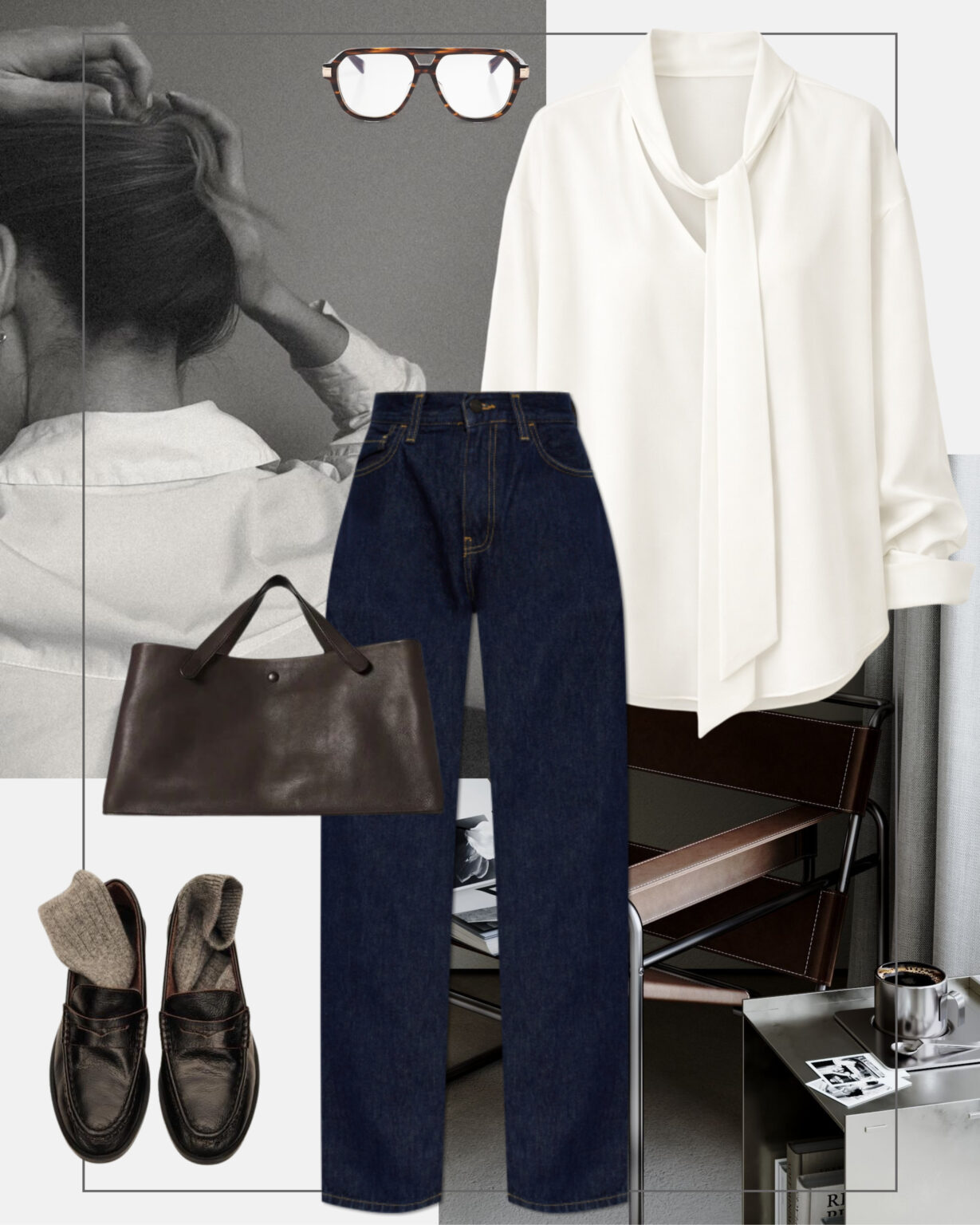 codzienna-stylizacja-dzinsy-biala-bluzka-z-wiazaniem-mokasyny-casual-style