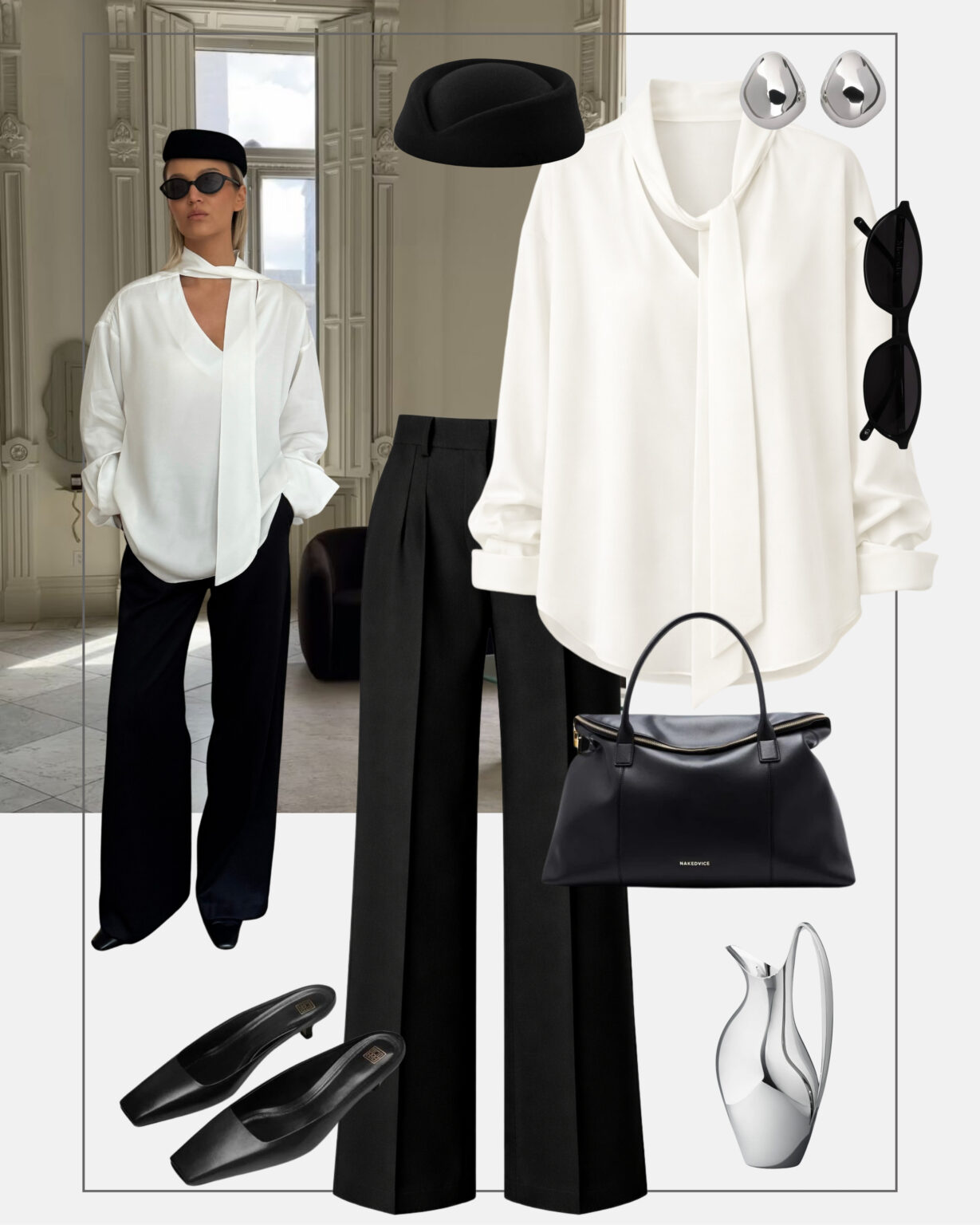 stylizacja-do-pracy-czarne-spodnie-garniturowe-biala-bluzka-z-wiazaniem-toczek-pillbox-hat-modowy-minimalizm