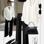 stylizacja-do-pracy-czarne-spodnie-garniturowe-biala-bluzka-z-wiazaniem-toczek-pillbox-hat-modowy-minimalizm