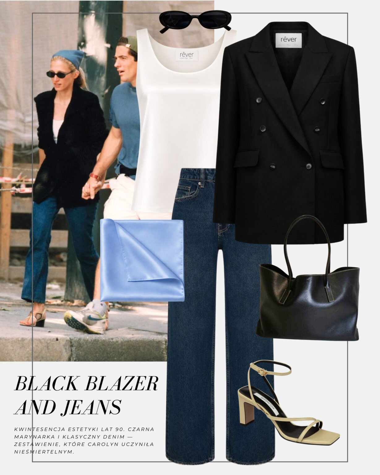 styl-Carolyn-Bessette-Kennedy-czarna-marynarka-denim-dzinsy-okulary